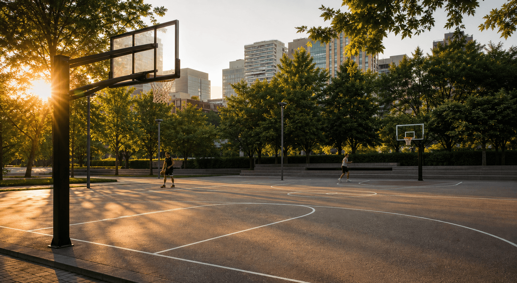 Players warming up on an outdoor basketball court in warm evening light