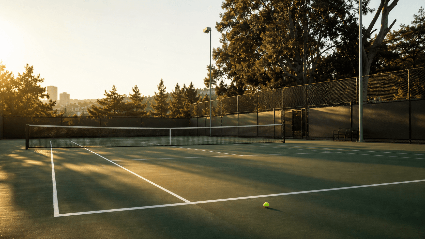 A green tennis court surrounded by trees in warm morning light